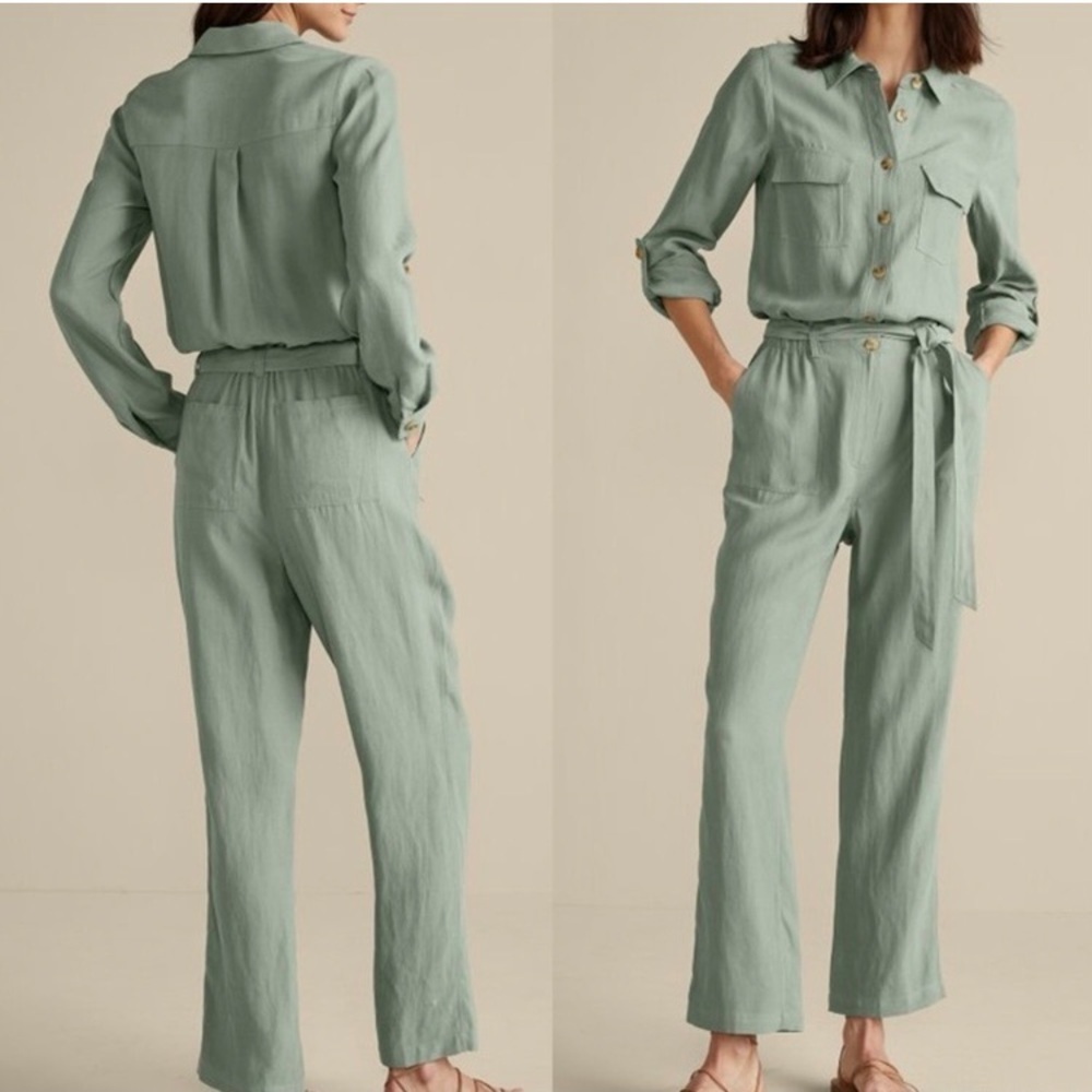 Soft Surroundings Sage Green Button-Front Linen Jumpsuit